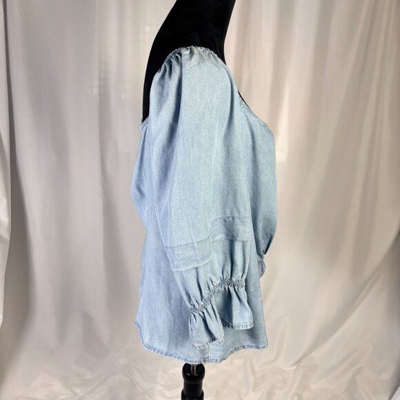 SOHO Peasant Blouse, Sz L Chambray Boho Back Zip Puff Sleeve Cropped, Front Knot - Picture 3 of 10
